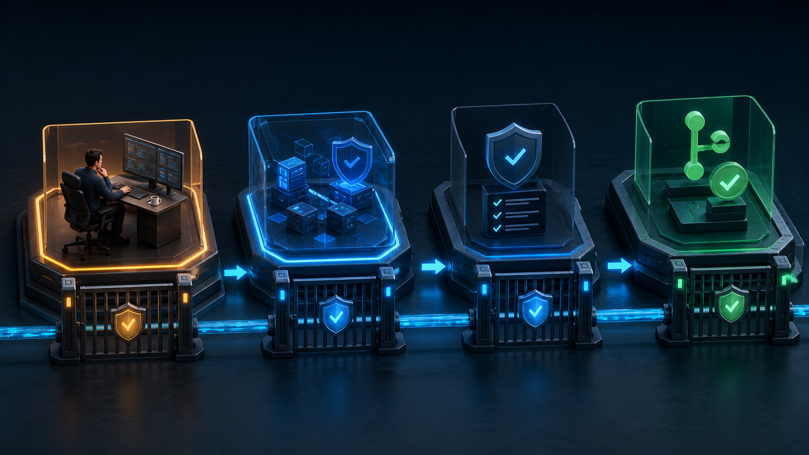 DevSecOps review path from AI finding through tests and policy checks to an approved merge