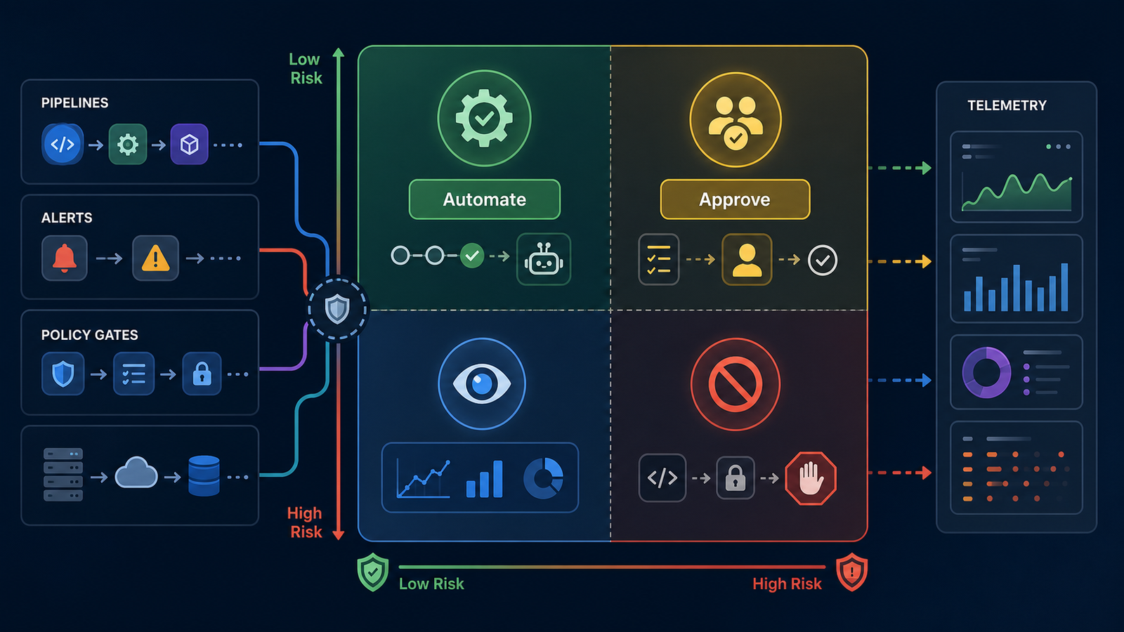 Decision matrix for AIOps and DevOps automation showing low-risk automation, human approval, observation, and restricted high-risk actions.