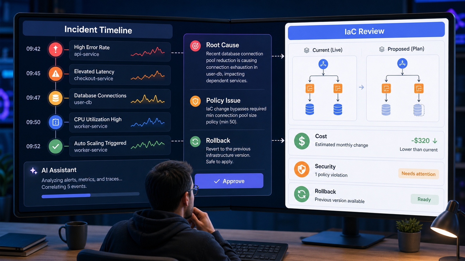 AI-assisted incident timeline and infrastructure as code review dashboard for DevOps teams