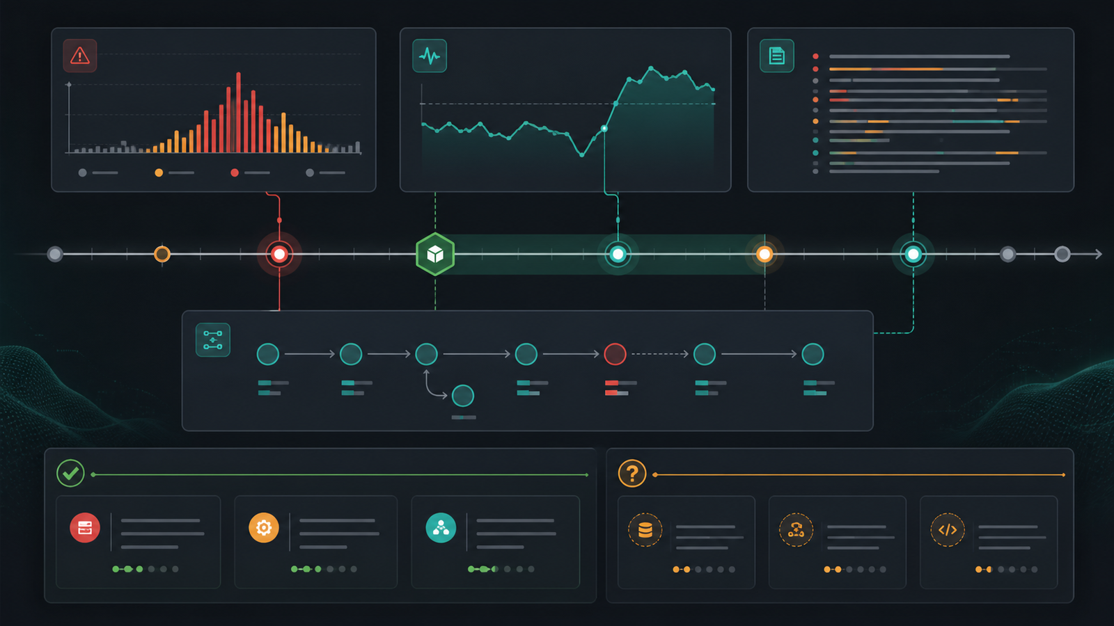 Incident response timeline with alerts, deployments, metrics, logs, and AI-generated hypotheses