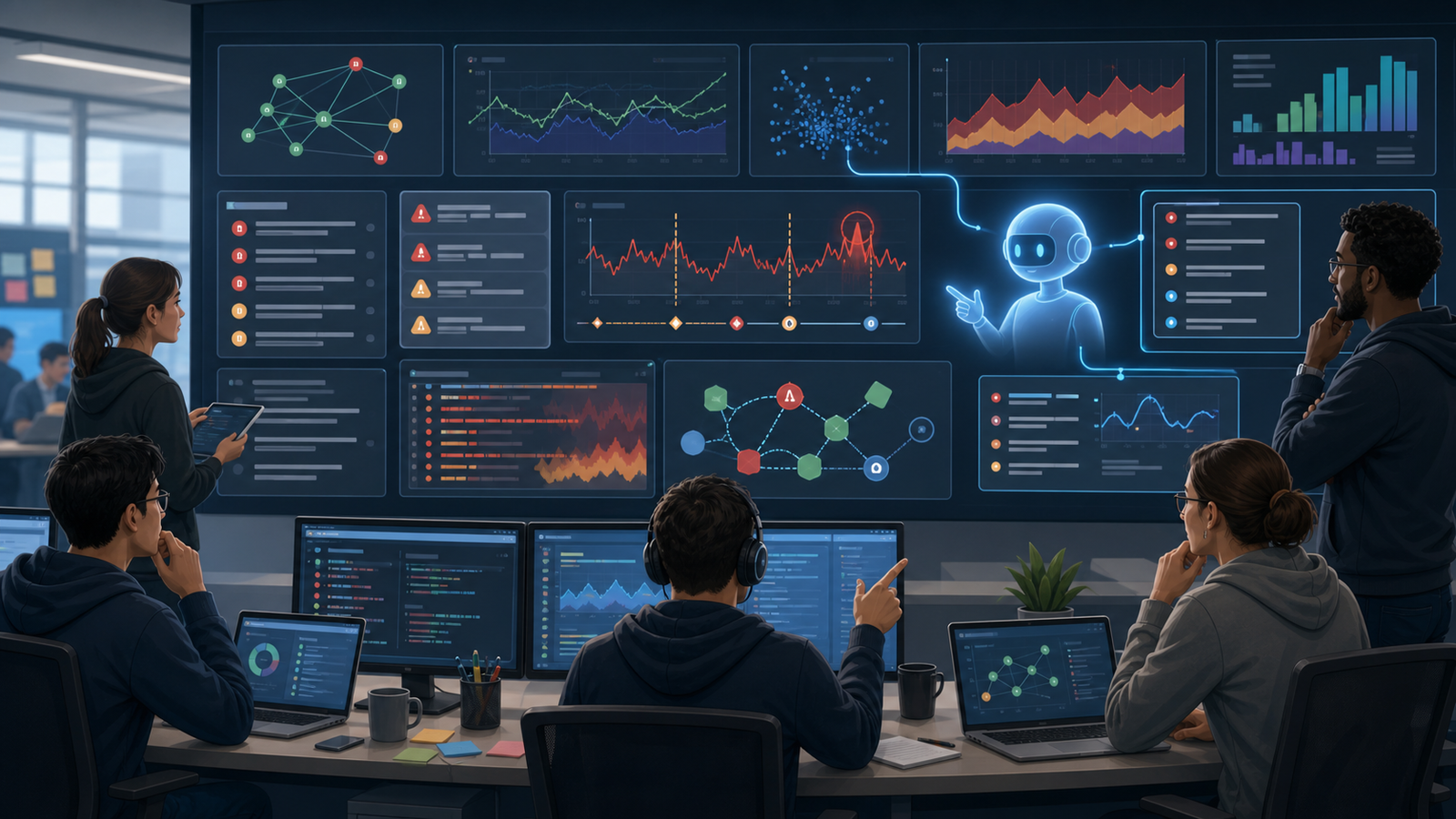 AIOps incident triage dashboard with logs, metrics, traces, alert grouping, and engineer review
