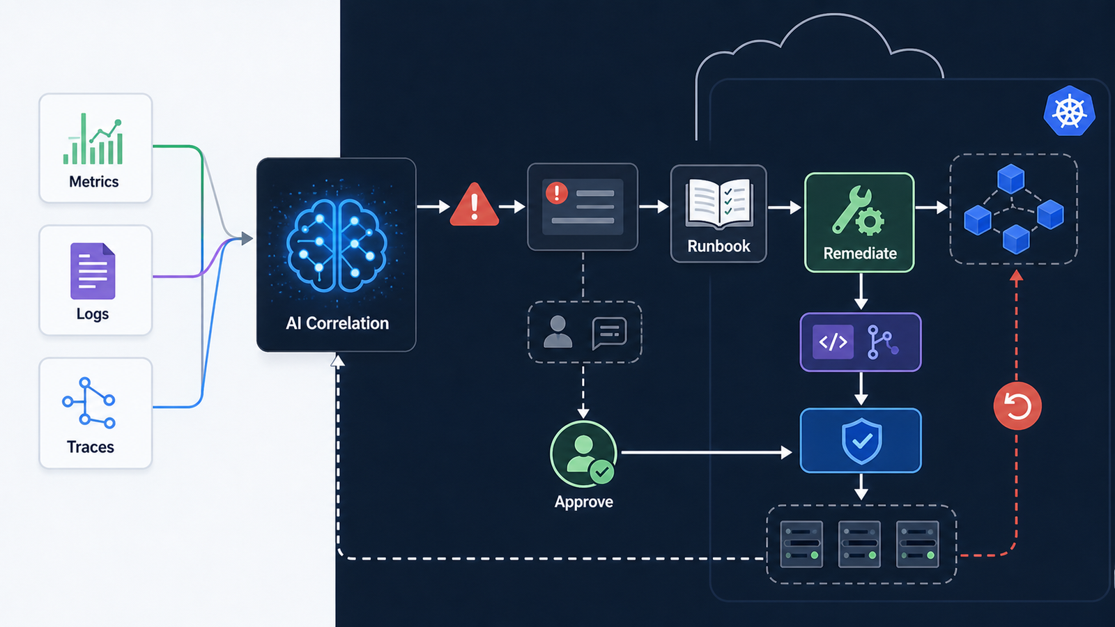 AIOps observability loop where metrics, logs, and traces feed AI correlation before human-approved runbooks and remediation.