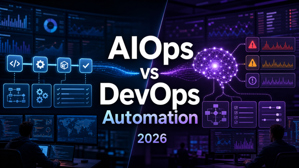 AIOps vs DevOps automation 2026 thumbnail showing CI/CD workflows, telemetry, alerts, and AI-assisted operations dashboards.