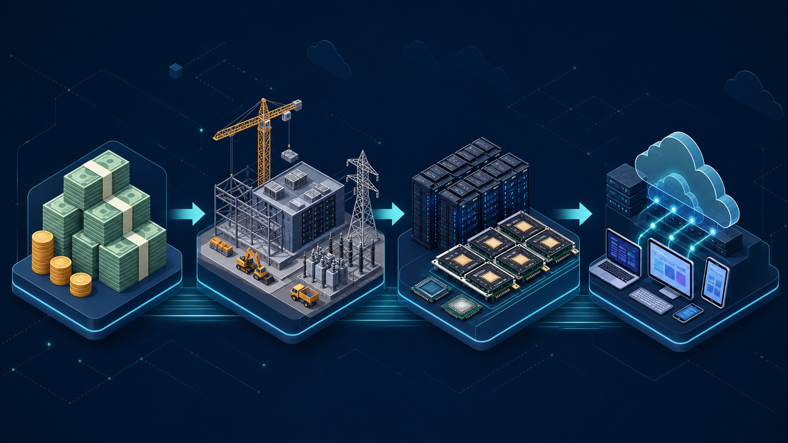 Four-stage illustration showing investment flowing into data centers, power systems, AI chips and developer-facing cloud services