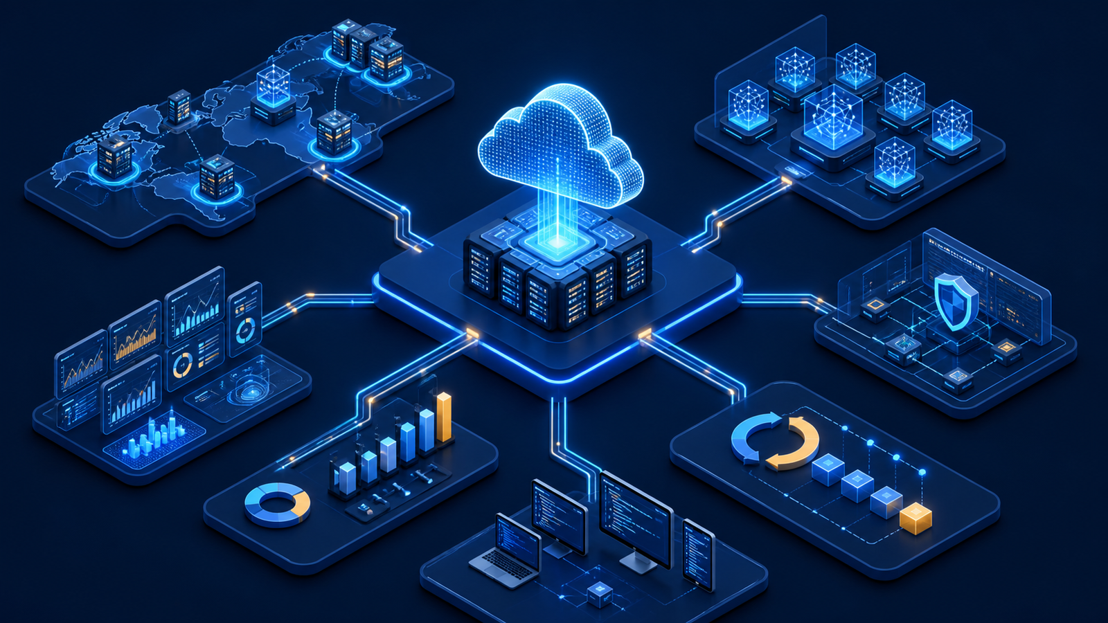 Cloud operations control plane connecting regional capacity, model serving, observability, cost controls, security and rollback