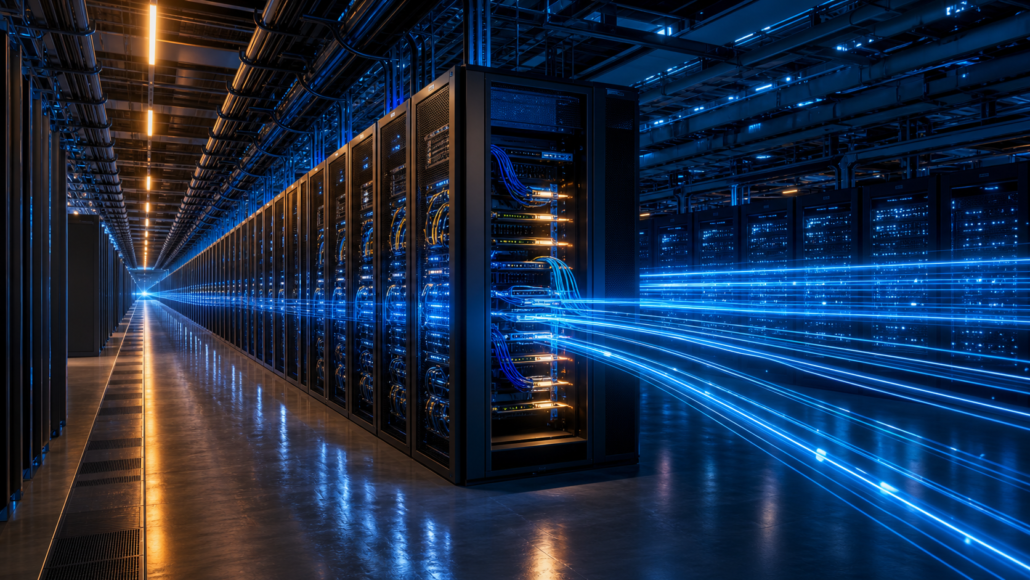 Hyperscale AI data center with illuminated server racks and high-speed cloud networking