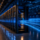Hyperscale AI data center with illuminated server racks and high-speed cloud networking