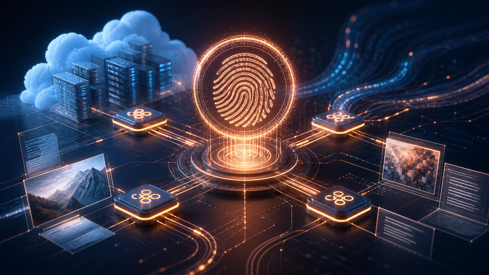Abstract digital fingerprint over interconnected API and cloud infrastructure representing Claude output provenance