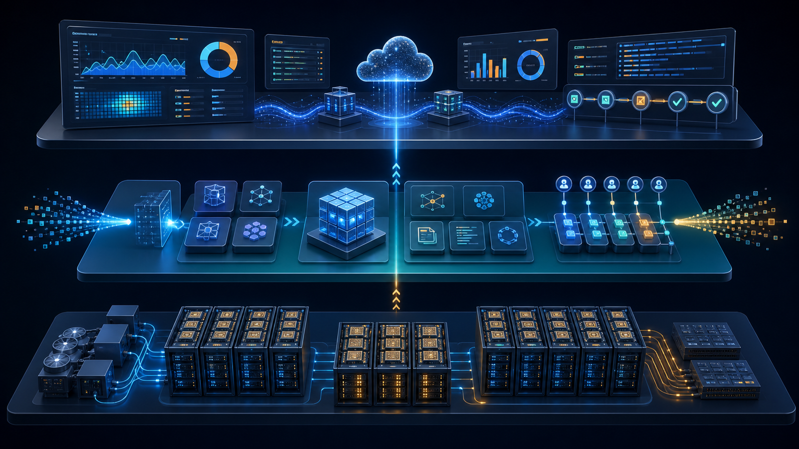 Layered AI cloud architecture connecting accelerator infrastructure, managed model services, DevOps delivery and observability