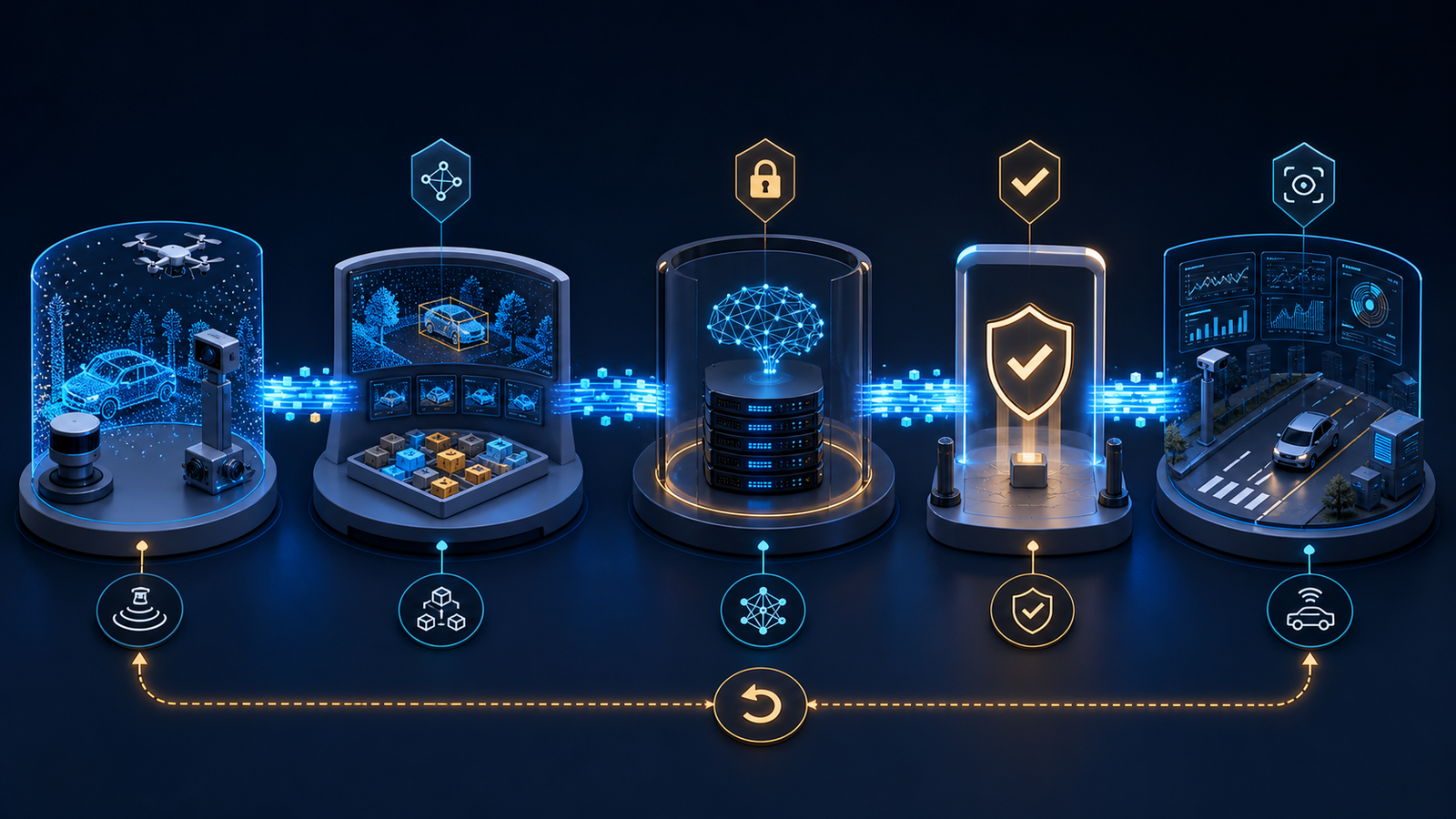 Five-stage MLOps lifecycle from sensor capture and annotation to evaluation, deployment and rollback