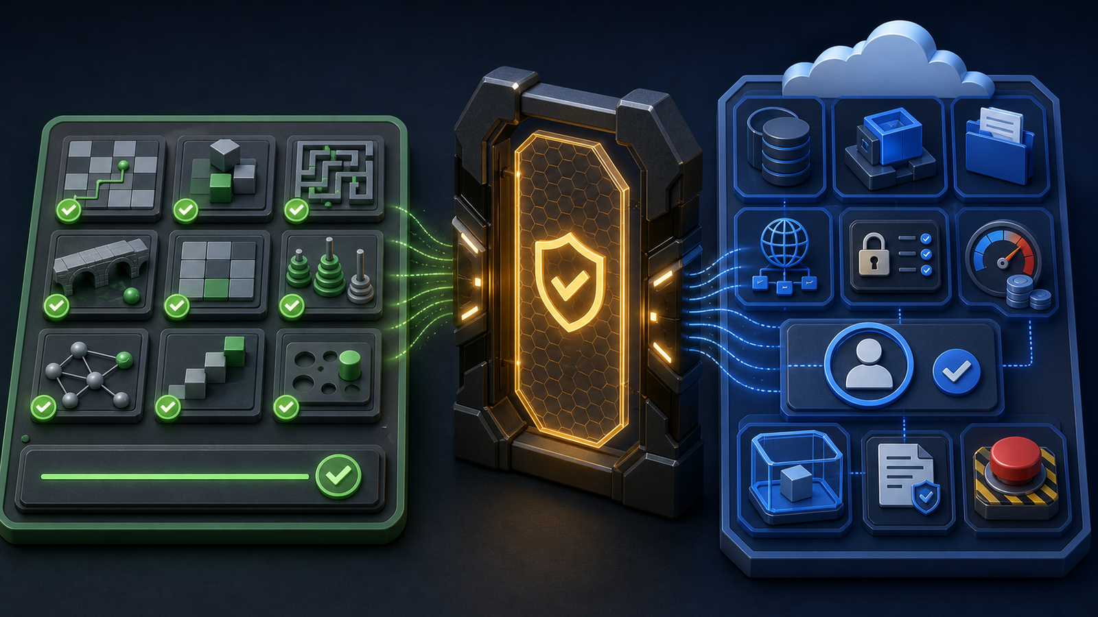 Completed public benchmark environments passing through a verification gate to production cloud controls for approvals, cost, sandboxing and emergency stop