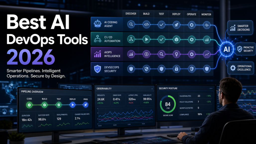 AI DevOps tool selection matrix connecting coding agents, CI/CD, observability and security workflows.