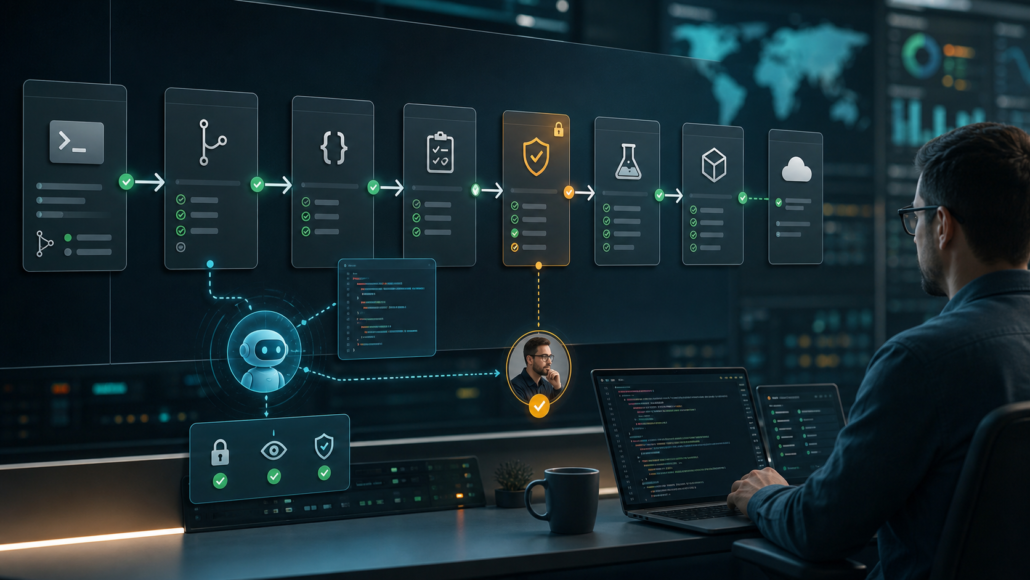AI-assisted CI/CD pipeline dashboard with security gates, testing, human review, deployment approval, and rollback controls