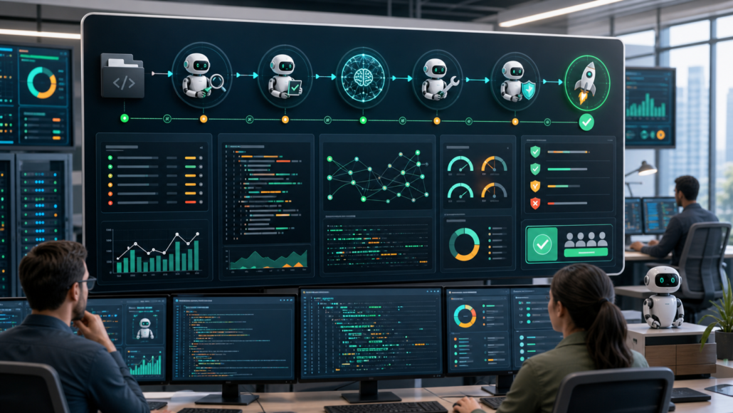 AI agent observability dashboard for DevOps pipelines with traces, cost meters, quality gates, and deployment approval signals.