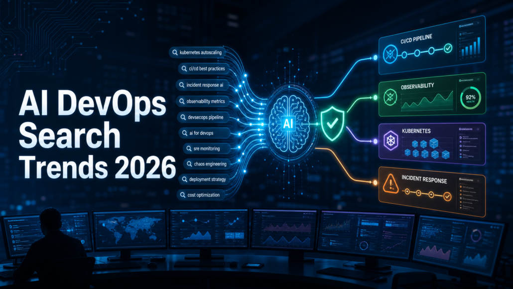 AI DevOps search trends 2026 thumbnail showing search intent flowing into safe CI/CD, observability, Kubernetes, and incident response automation