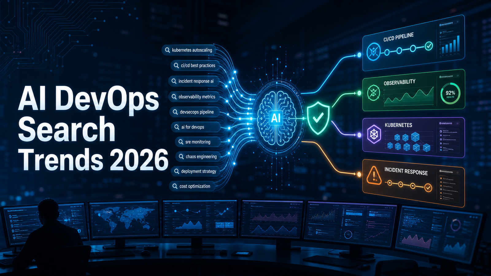 AI DevOps search trends 2026 thumbnail showing search intent flowing into safe CI/CD, observability, Kubernetes, and incident response automation