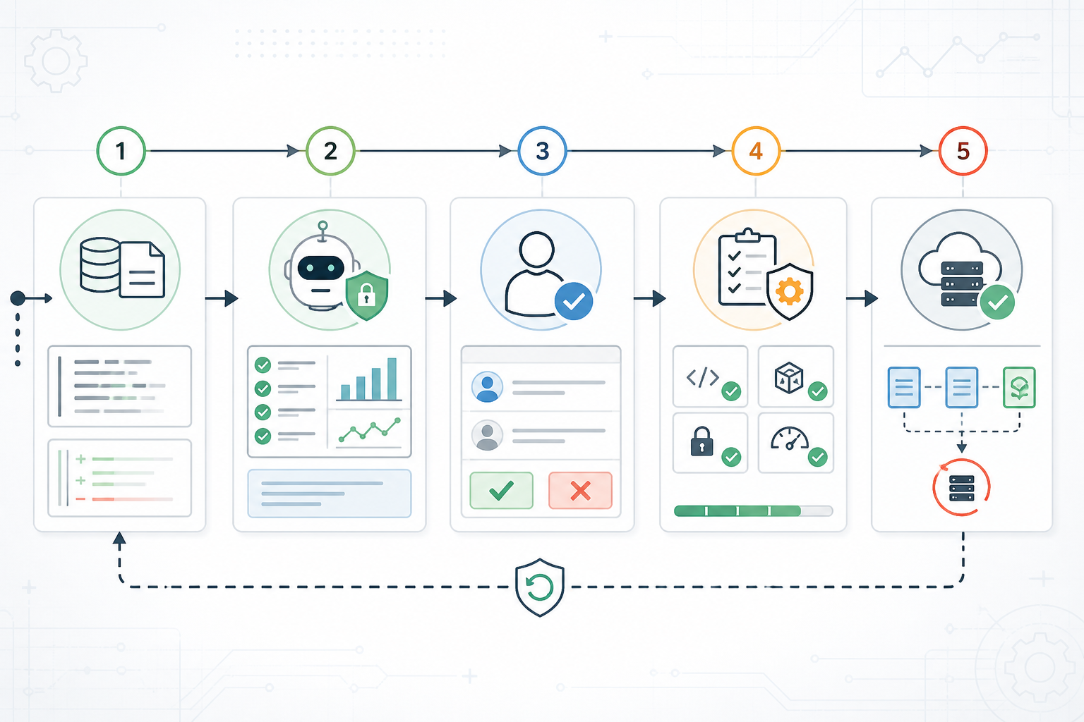 Five-stage safe AI CI/CD workflow showing context collection, read-only AI analysis, human approval, tests and scans, deployment, and rollback