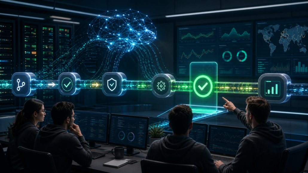 AI-powered CI/CD pipeline with engineers reviewing an approval gate before deployment