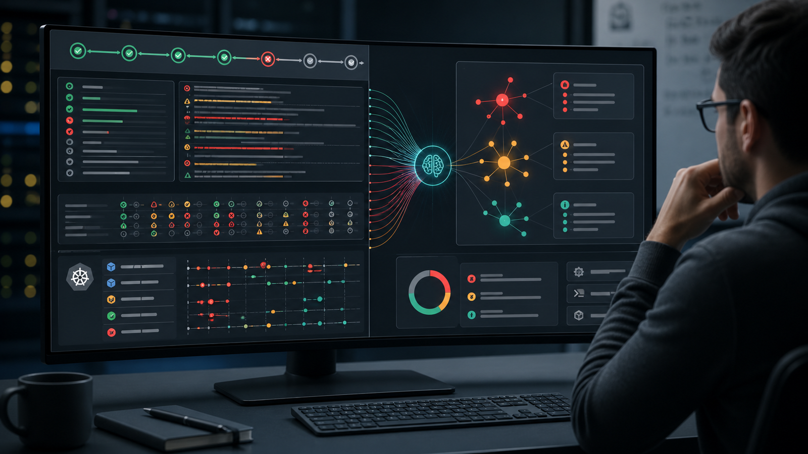 AI analyzing CI/CD build logs and Kubernetes events to suggest likely root causes