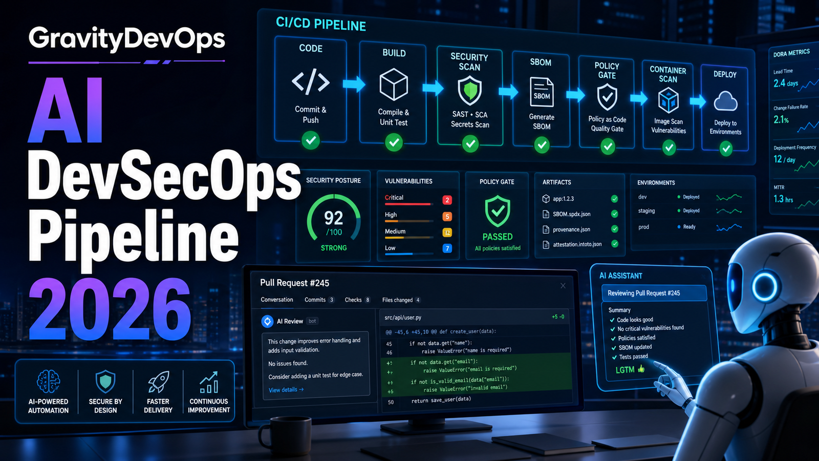 AI DevSecOps pipeline 2026 featured image showing secure CI/CD gates, SBOM, policy checks, and AI-assisted pull request review.