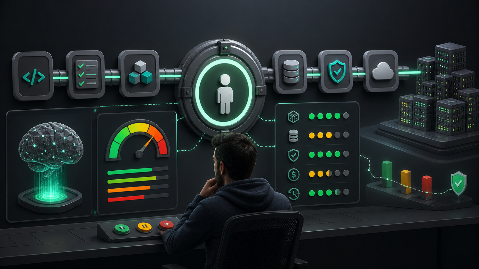 Release engineer reviewing AI deployment risk signals before approving production release