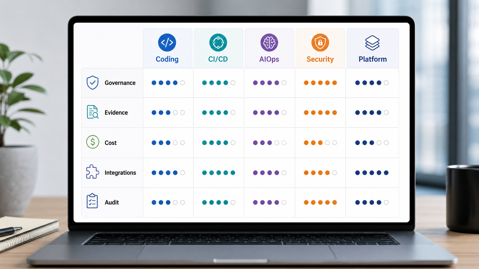AI DevOps tool selection scorecard comparing coding, CI/CD, AIOps, security, and platform tools by governance, evidence, cost, integrations, and audit trail