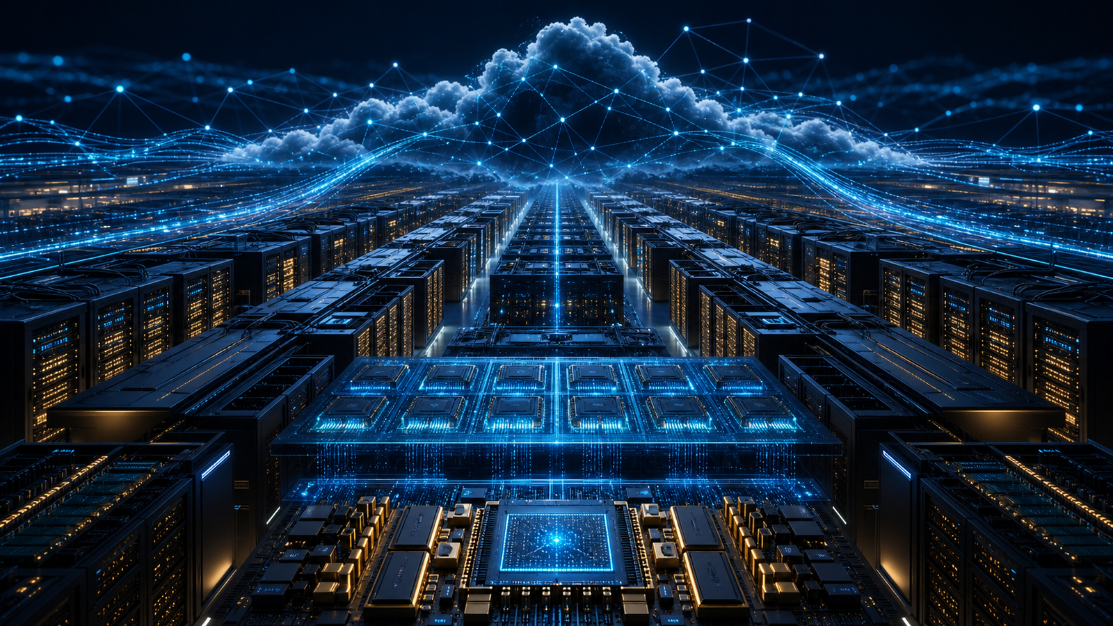 AWS and NVIDIA AI infrastructure expansion represented by GPU racks, network fabric and cloud data flows