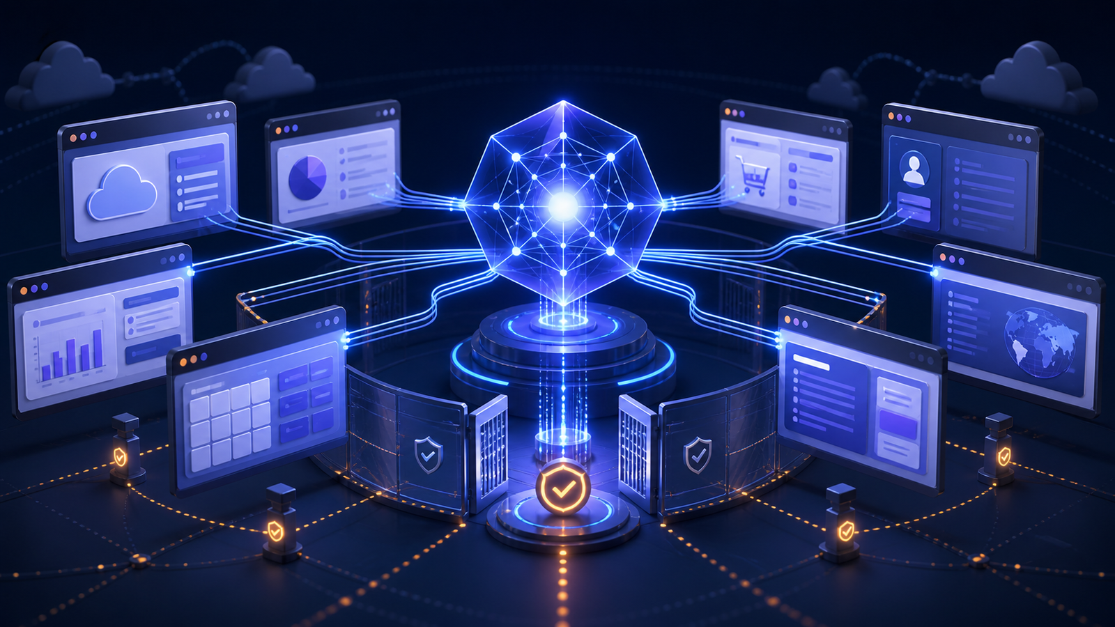 Editorial illustration of an AI browser agent operating across authenticated web tools behind layered security controls