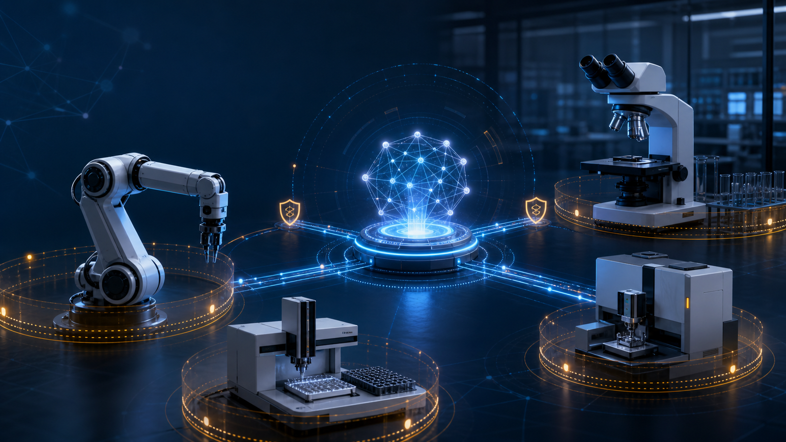AI control plane connecting a robotic arm, microscope, liquid handler and industrial equipment through protected interfaces.