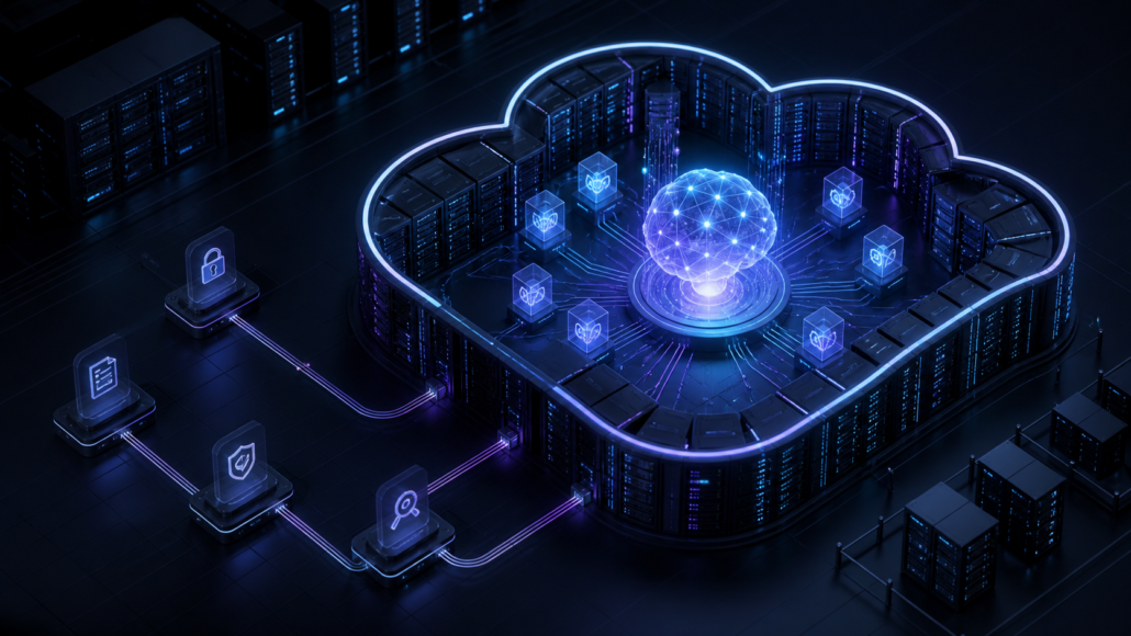 Abstract private data center enclosing governed enterprise AI agents and shared model infrastructure