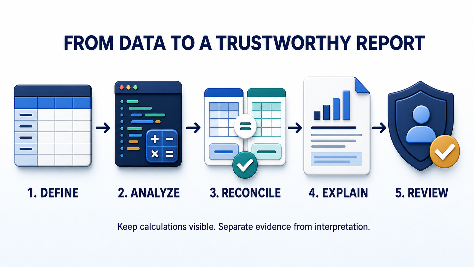 Workflow for using AI tools to turn data into reports with reconciliation and human review
