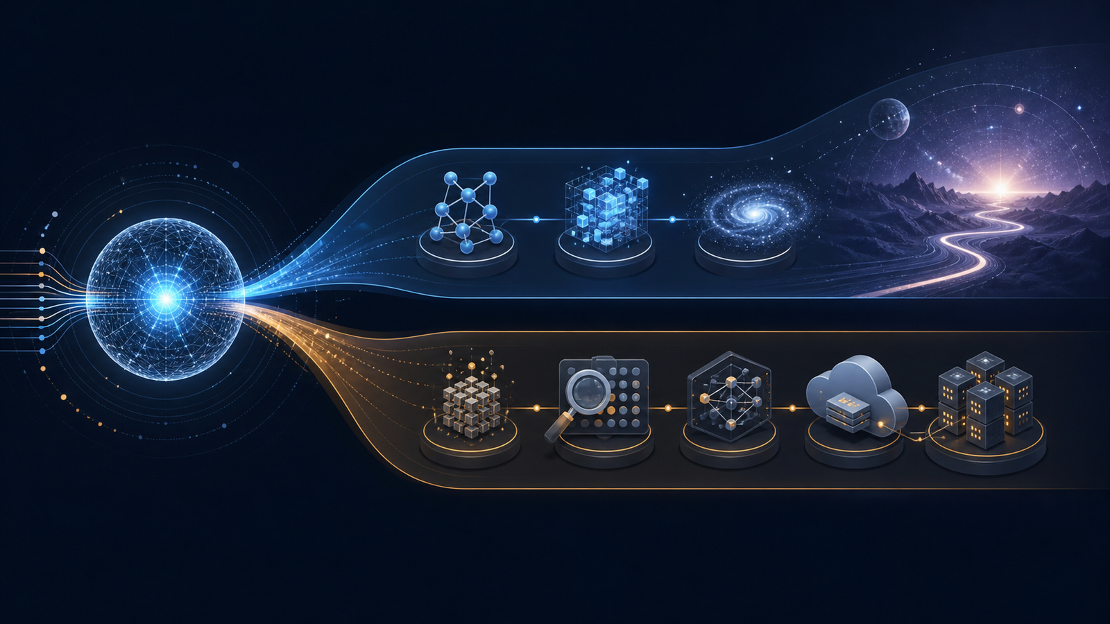 Abstract AI system splitting into a scientific research path and a production delivery pipeline
