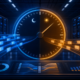 Abstract AI data center with a circular time-of-day pricing dial and scheduled compute queues.