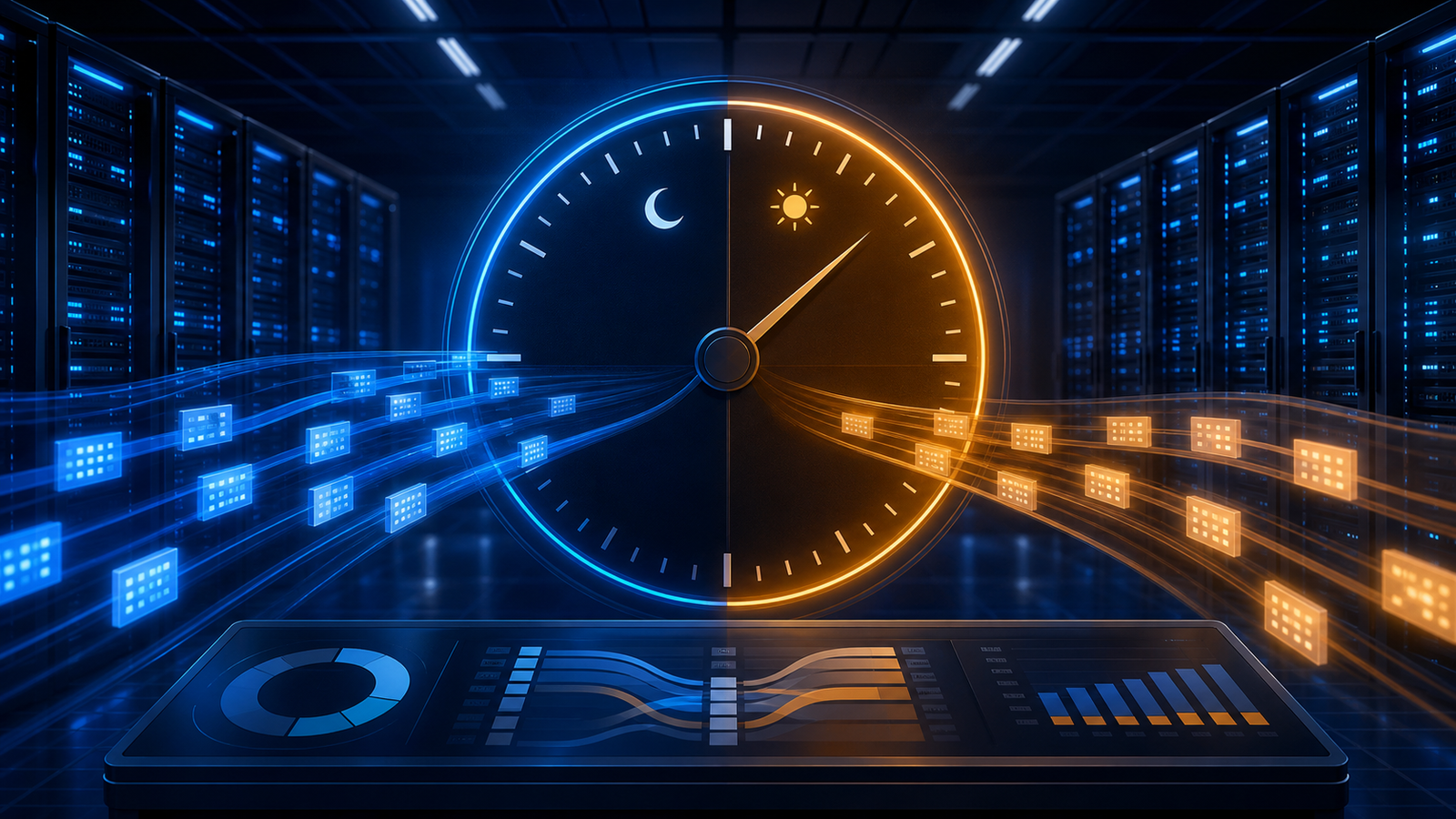 Abstract AI data center with a circular time-of-day pricing dial and scheduled compute queues.