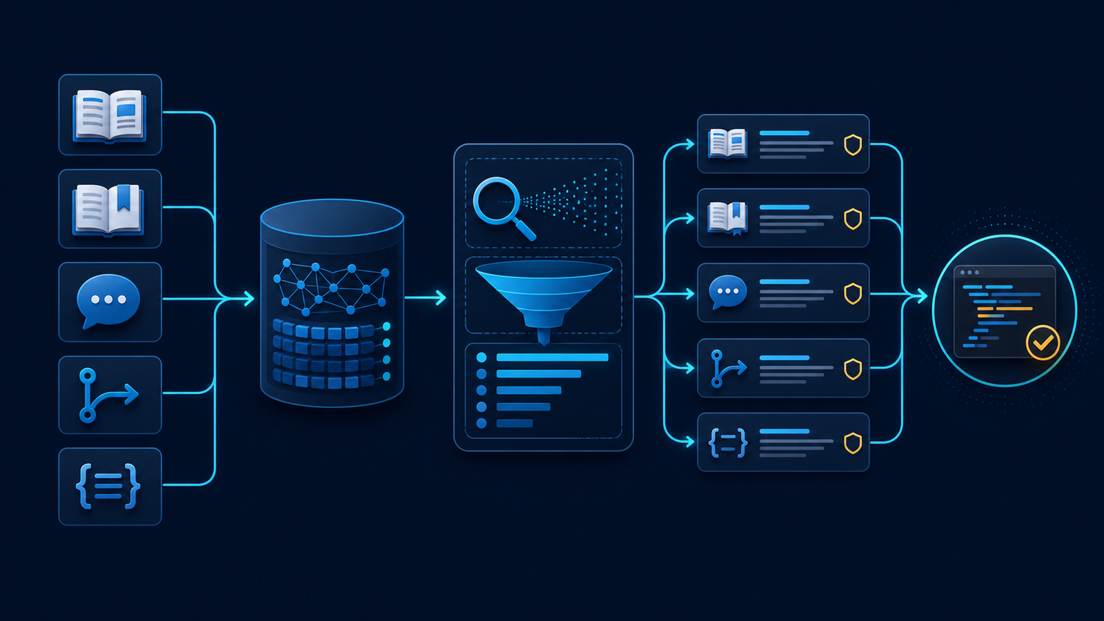 Developer documentation, README, issue, pull request and API specification artifacts flowing through search and ranking to a coding agent