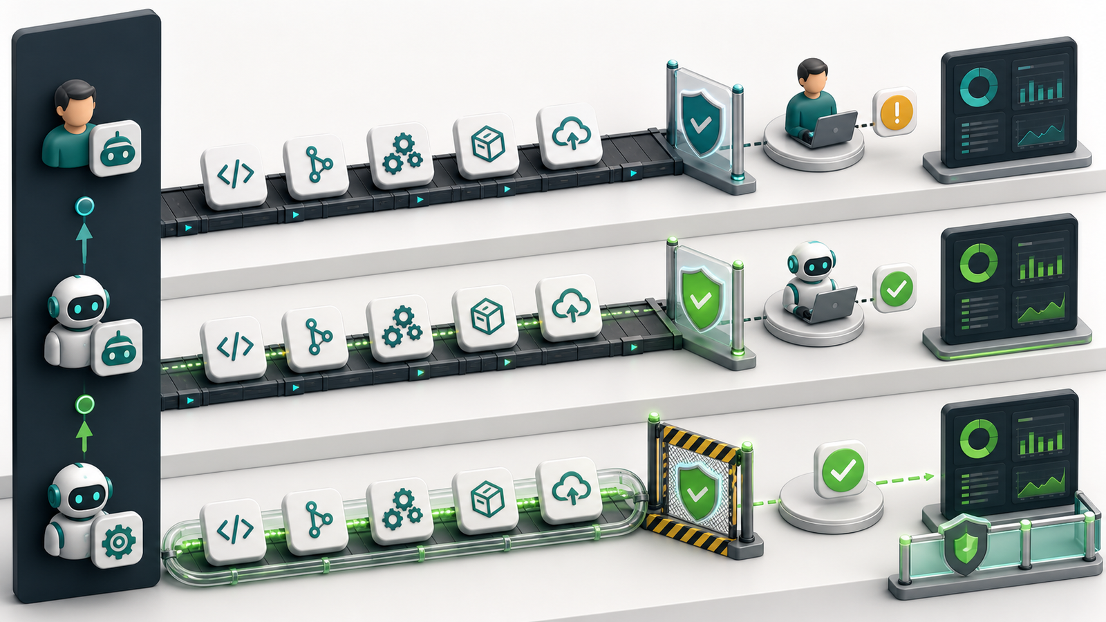 Three-stage DevOps AI adoption model from manual assistant to supervised agent to guarded automation.