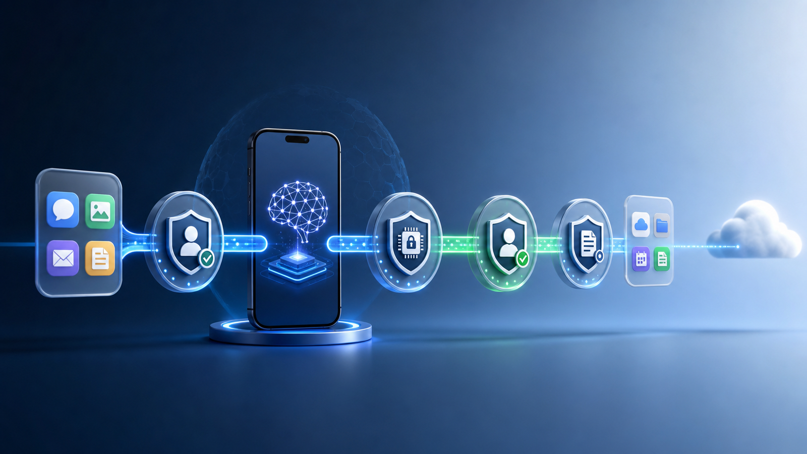 Illustration of an edge AI agent moving approved tasks between apps while protected by permission, isolation and audit controls