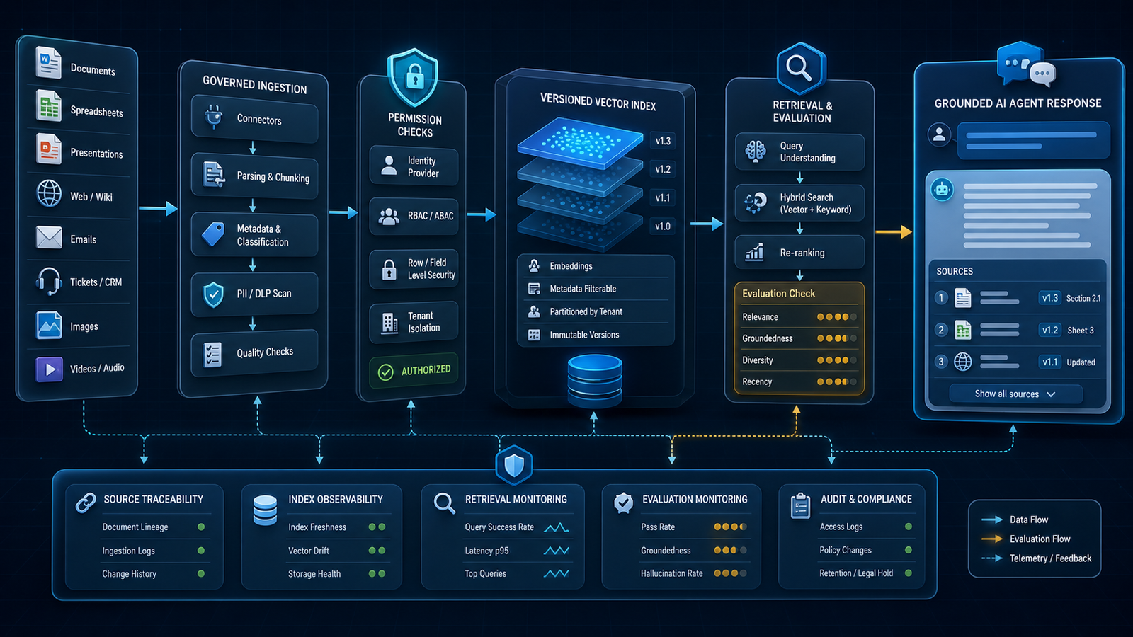 Enterprise multimodal RAG operations diagram with ingestion, access policy, vector indexing, retrieval evaluation and source-grounded agent responses