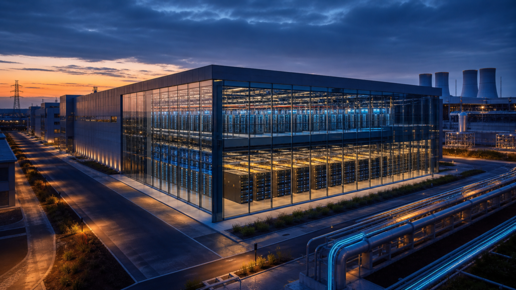 European AI gigafactory campus with large accelerator data halls at dusk