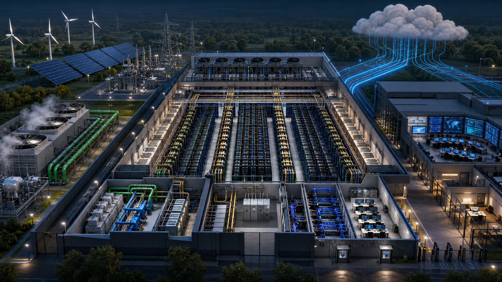 Cutaway view of an AI gigafactory connecting accelerator clusters with power, cooling, cloud operations and secure access