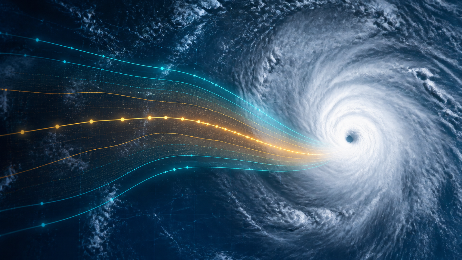 AI forecast paths converging on a tropical cyclone over the ocean