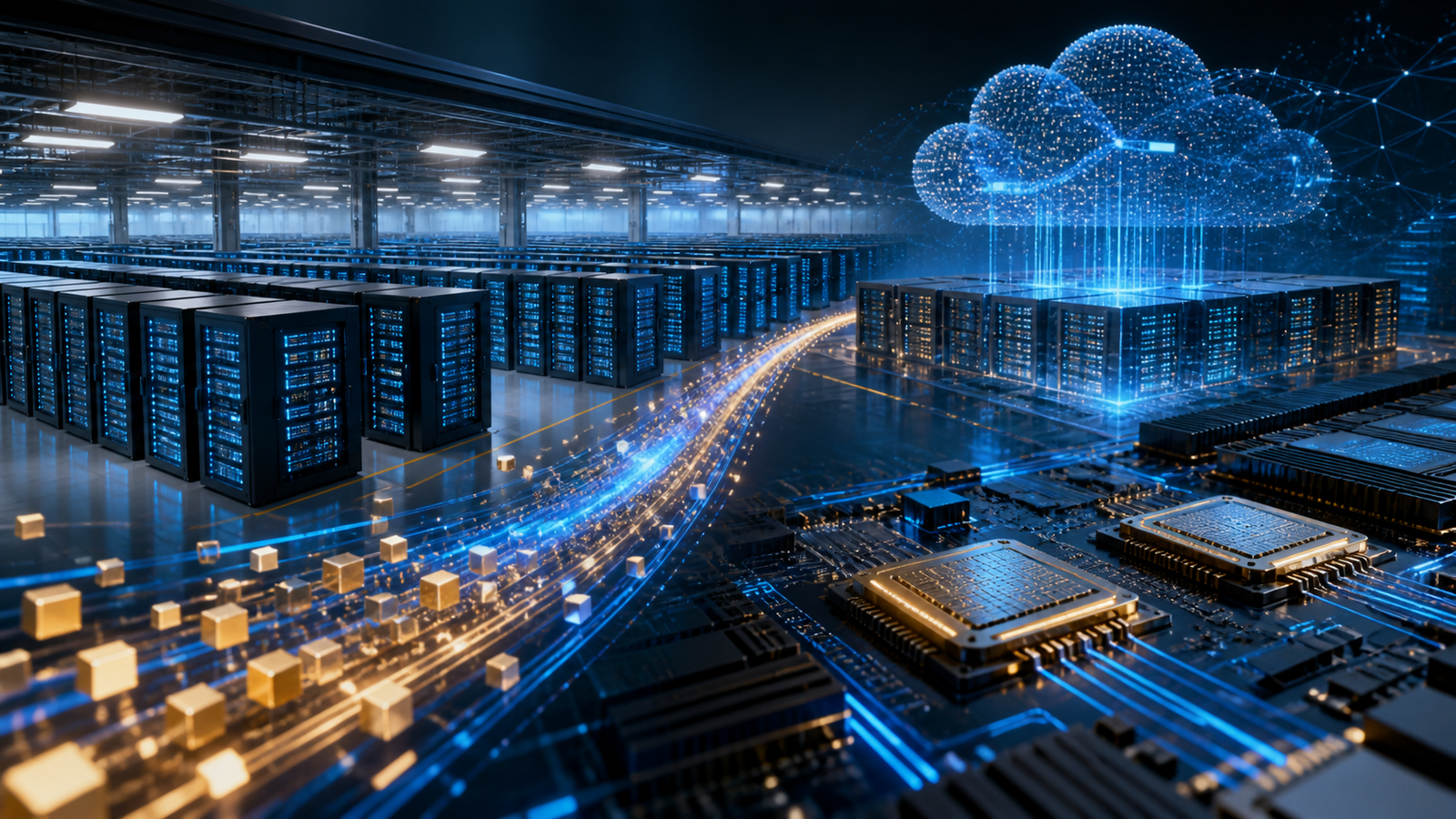 AI data-center racks, accelerator chips and cloud infrastructure illustrating Alibaba’s planned full-stack AI expansion
