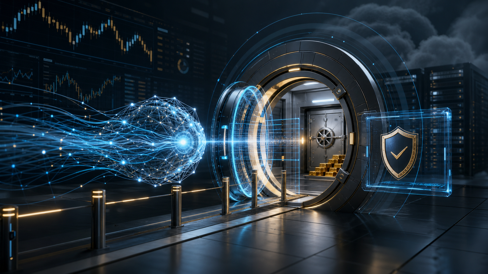 Abstract editorial illustration of an AI agent entering a controlled financial execution gateway for Binance Agent OS