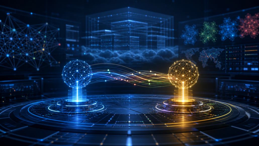 Abstract AI command center illustrating a leadership handoff between two connected neural systems