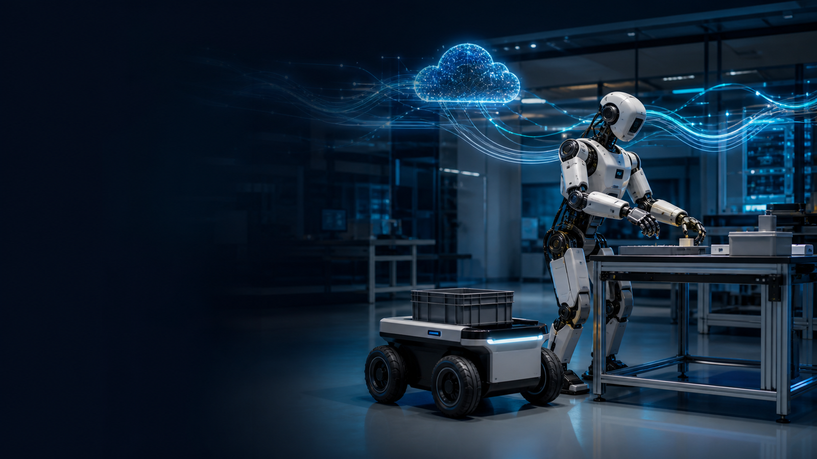 Featured editorial image showing coordinated robots in a physical AI operations lab