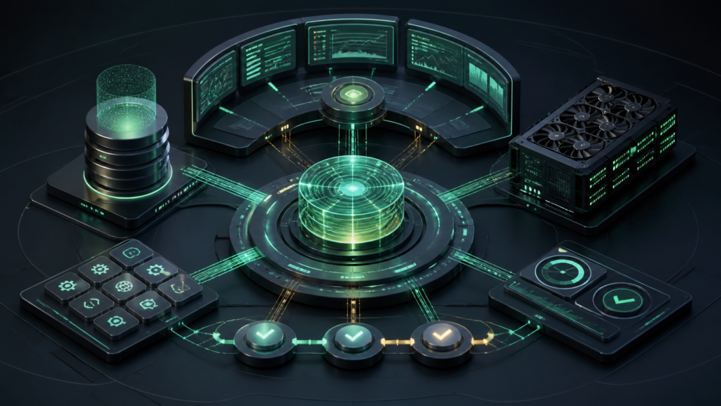 AI agent control plane linking persistent memory, tools, evaluation feedback, recovery checkpoints and GPU compute