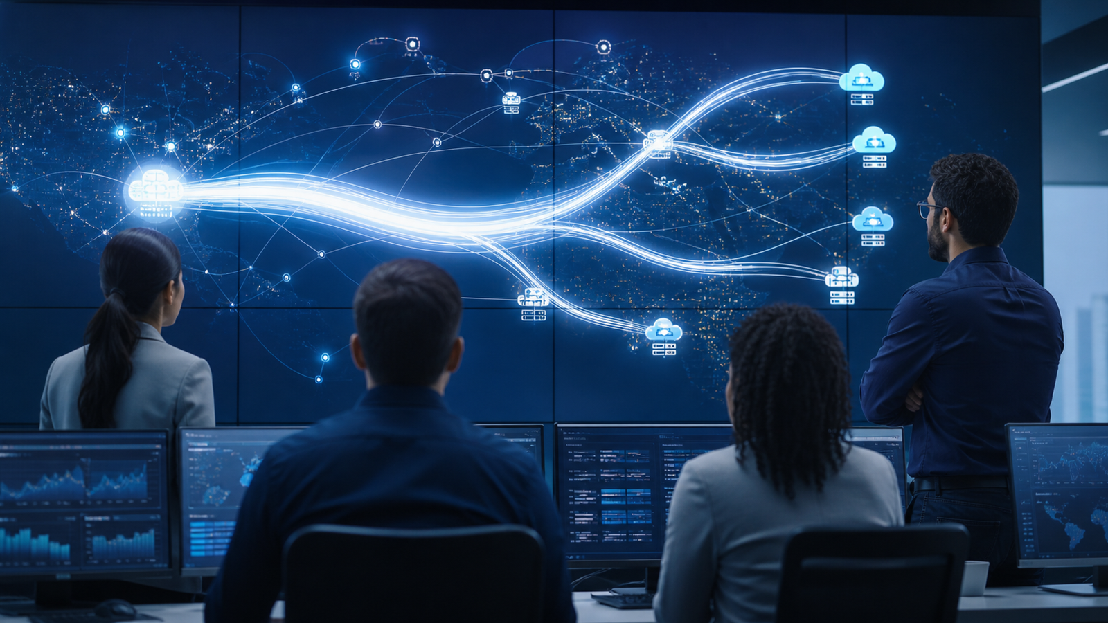 Cloud operations team reviewing AI model traffic split across several providers