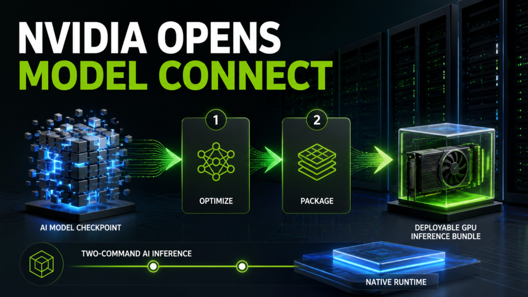 NVIDIA TensorRT Model Connect pipeline turning an AI checkpoint into a deployable GPU inference bundle