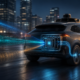 Editorial illustration of a robotaxi connected to a compact edge AI compute system, representing Waymo's custom onboard processor