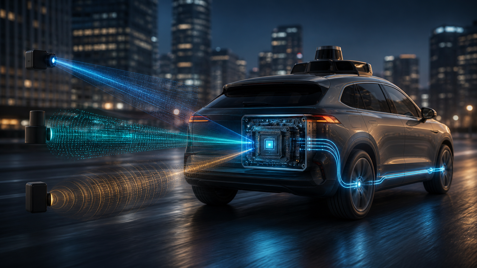 Editorial illustration of a robotaxi connected to a compact edge AI compute system, representing Waymo's custom onboard processor